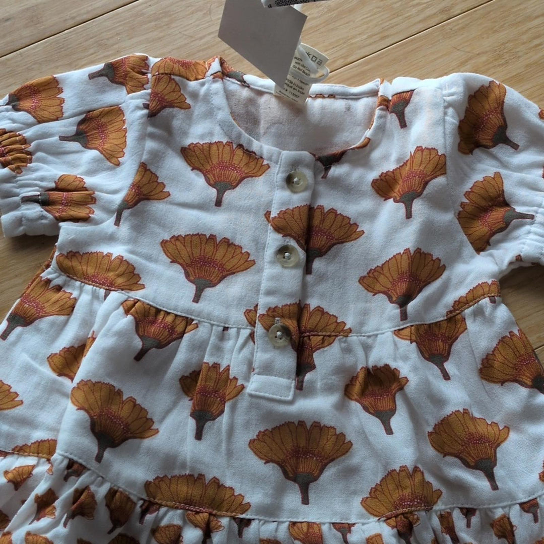 Kate Quinn Short Puff Sleeve Prarie Dress In Large Marigold  - 6-12 Mo