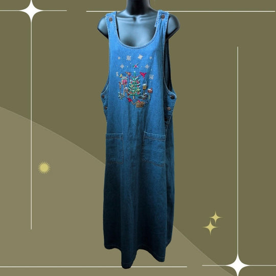 Vintage Casey Coleman Christmas Winter Bird Scene Denim Dress - 1x