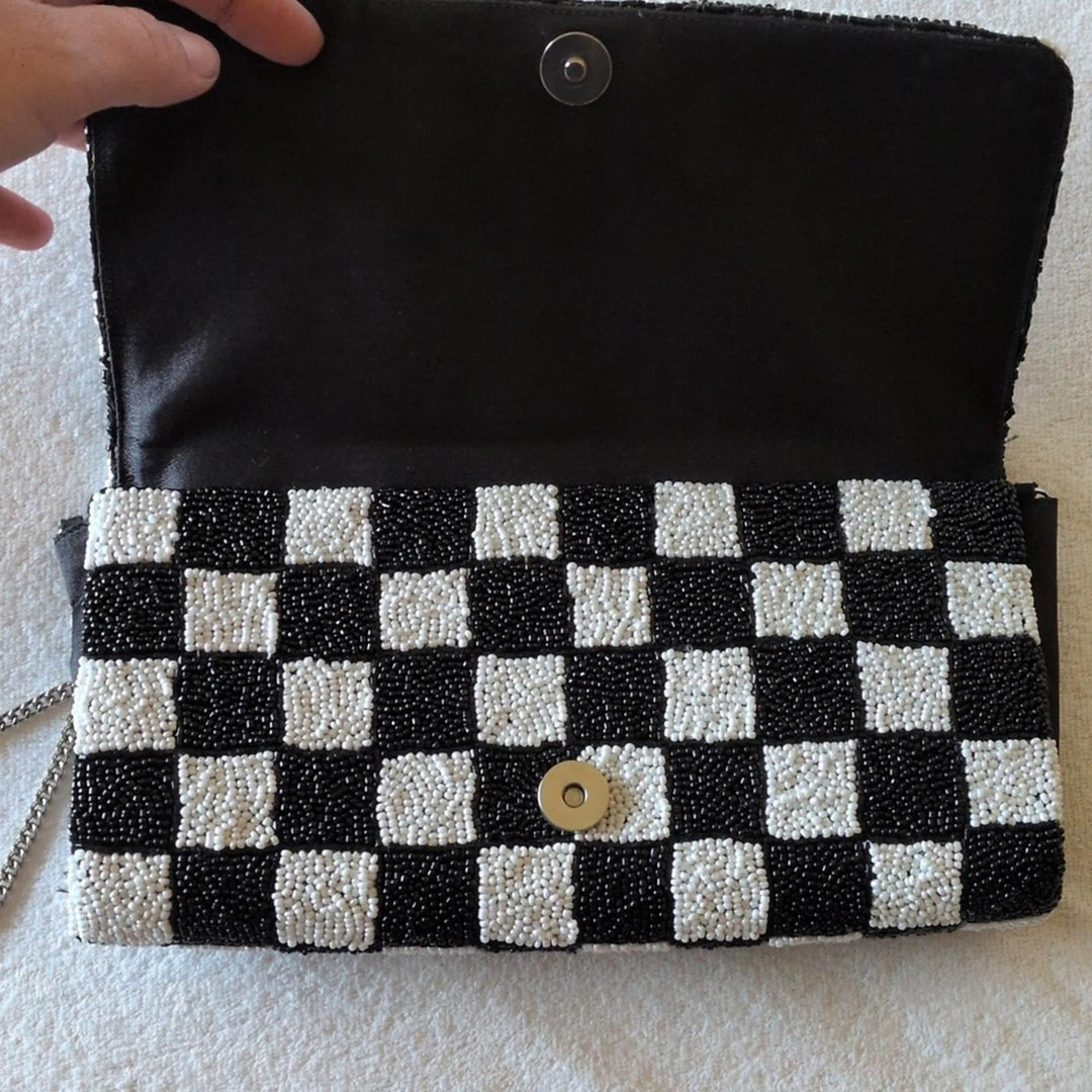 Tiana NY Vroom Beaded Clutch With Silver Chain