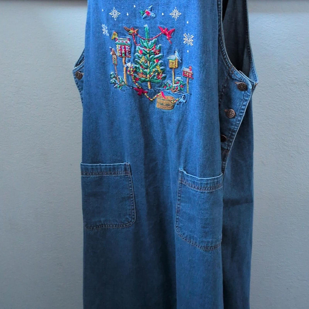Vintage Casey Coleman Christmas Winter Bird Scene Denim Dress - 1x