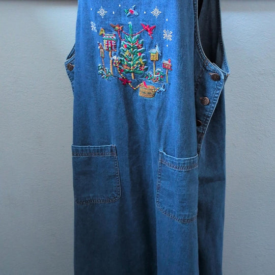 Vintage Casey Coleman Christmas Winter Bird Scene Denim Dress - 1x