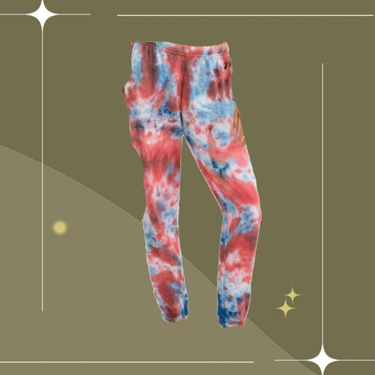 Aviator Nation light weight tie dye jogger sweatpants red and blue