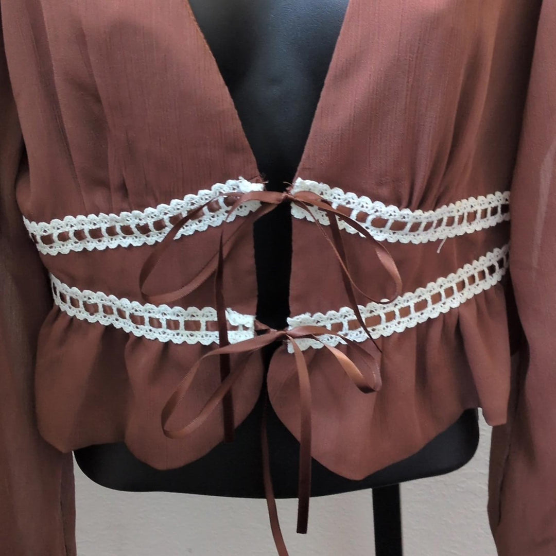 BaeVely Sheer Sleeve Tie Top - Small