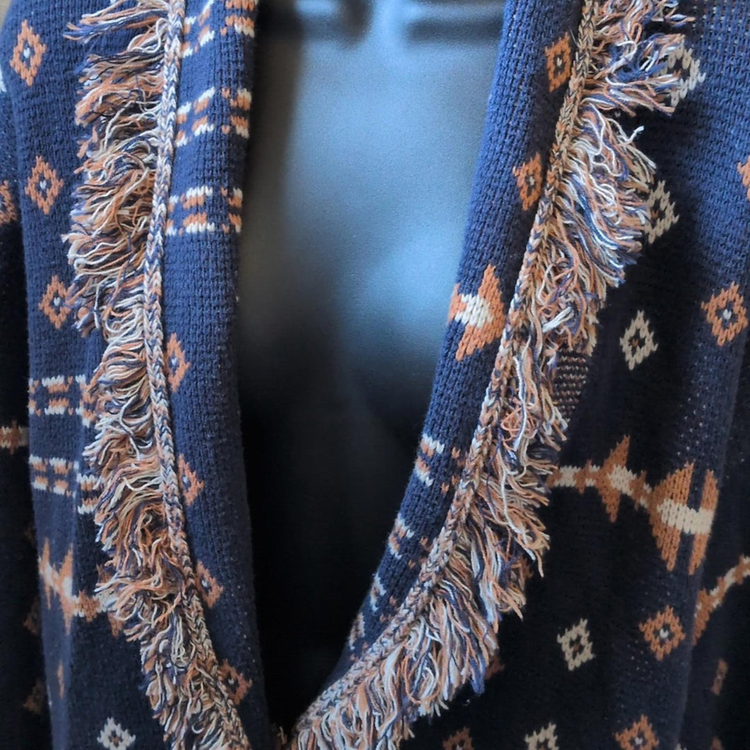 Pendleton Fringe Shawl Geometric Navy Cardigan - Large