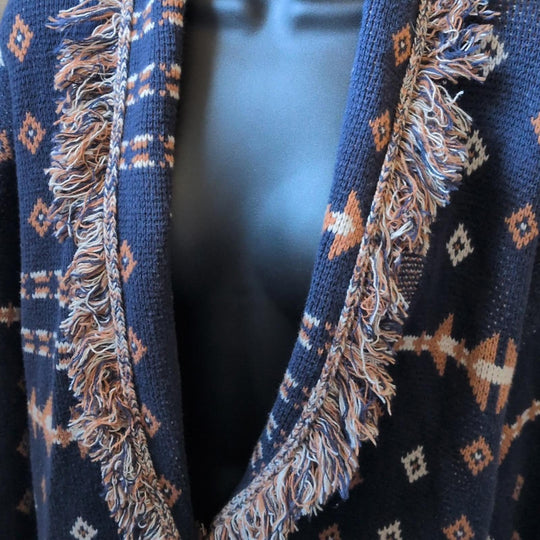 Pendleton Fringe Shawl Geometric Navy Cardigan - Large