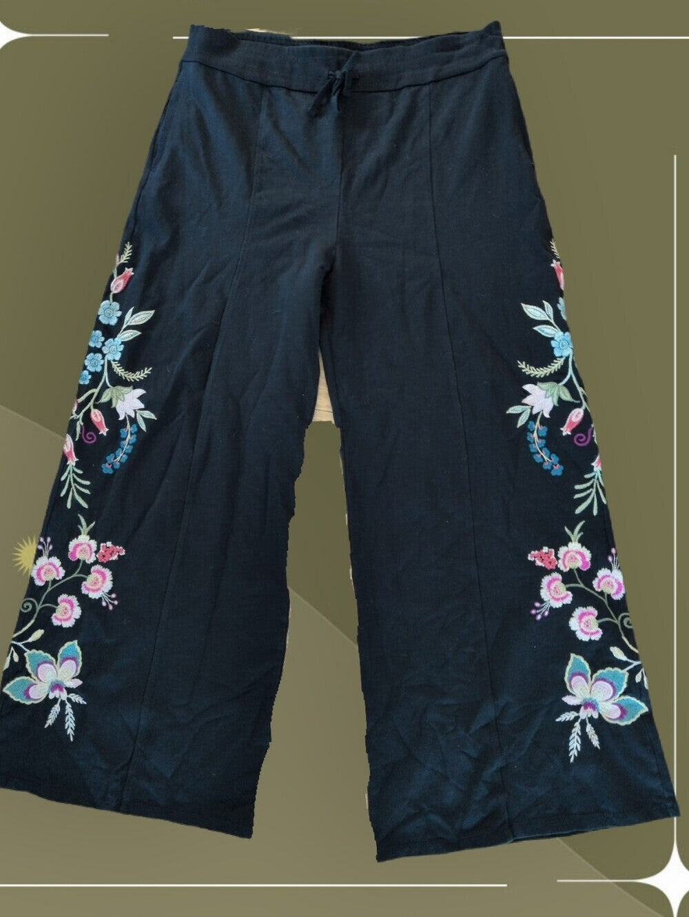 Johnny Was Drawstring Embroidery Wide Leg Pant Size XL
