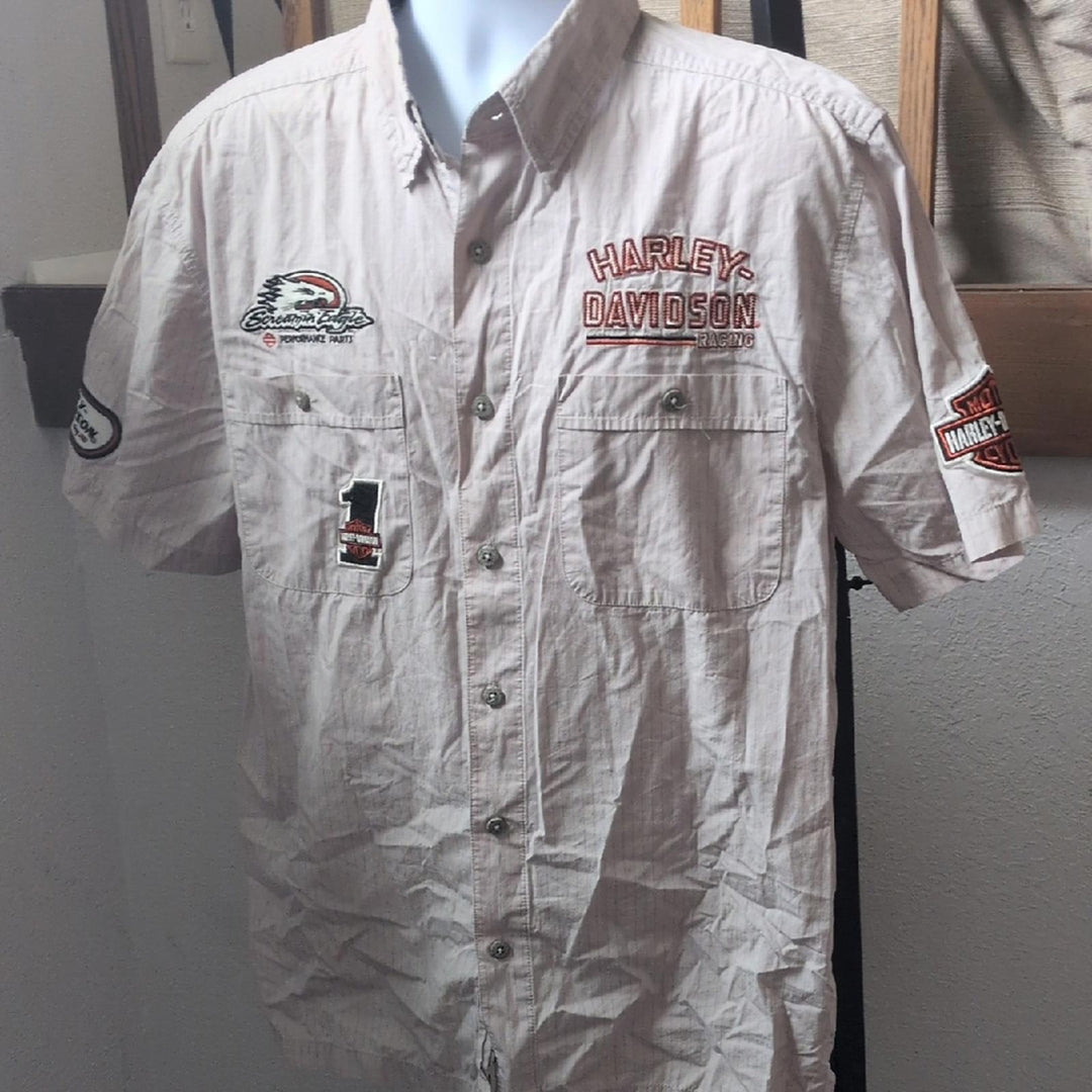 Rare Harley Davidson Racing Embroidered Patch Shirt - Medium