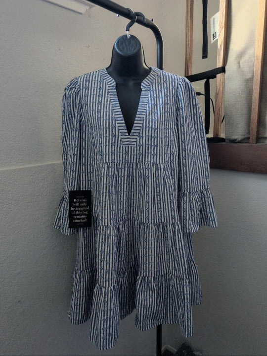 Pomander Place Blue Stripe Floral Embroidered Lanie Dress - Medium