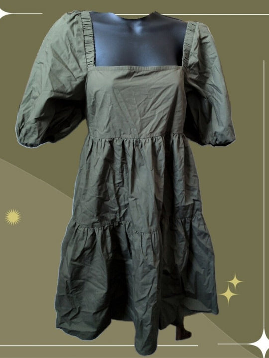 MiNKPINK Issy Tie Back Babydoll Smock Dress in khaki/olive green - small