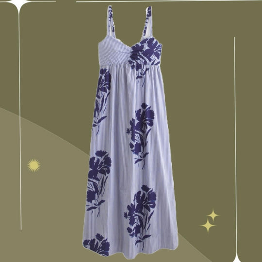 Abercrombie Sweetheart Babydoll Maxi Dress Blue Stripe Floral Large Tall