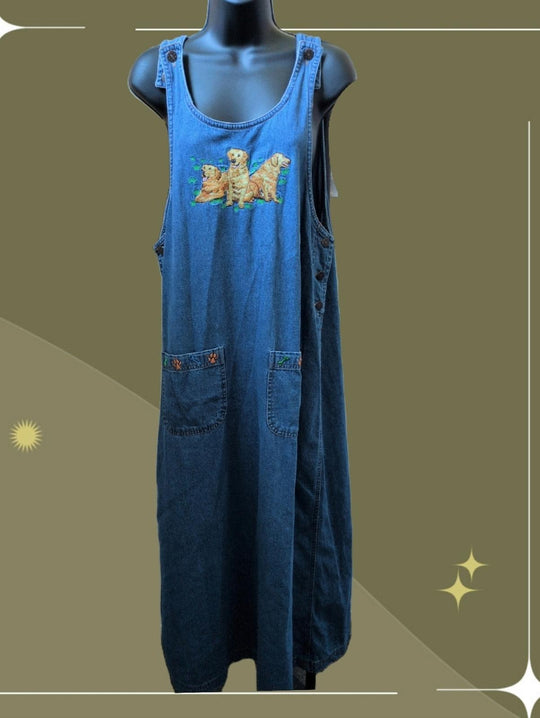 Rare Vintage Casey Coleman Golden Retriever Jean Dress  - Large
