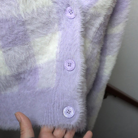 Lazy Oaf Unrequited Love Cardigan In Purple Plaid  - Medium