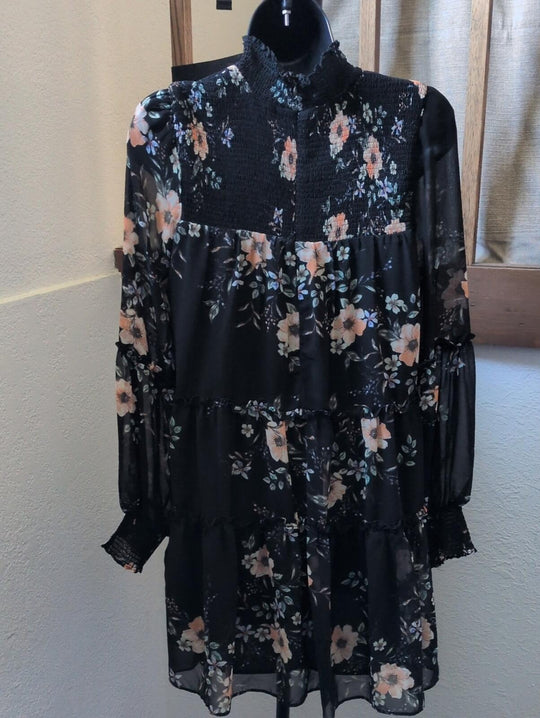 Azalea High Neck Dark Floral Long Sleeve Mini Dress - S