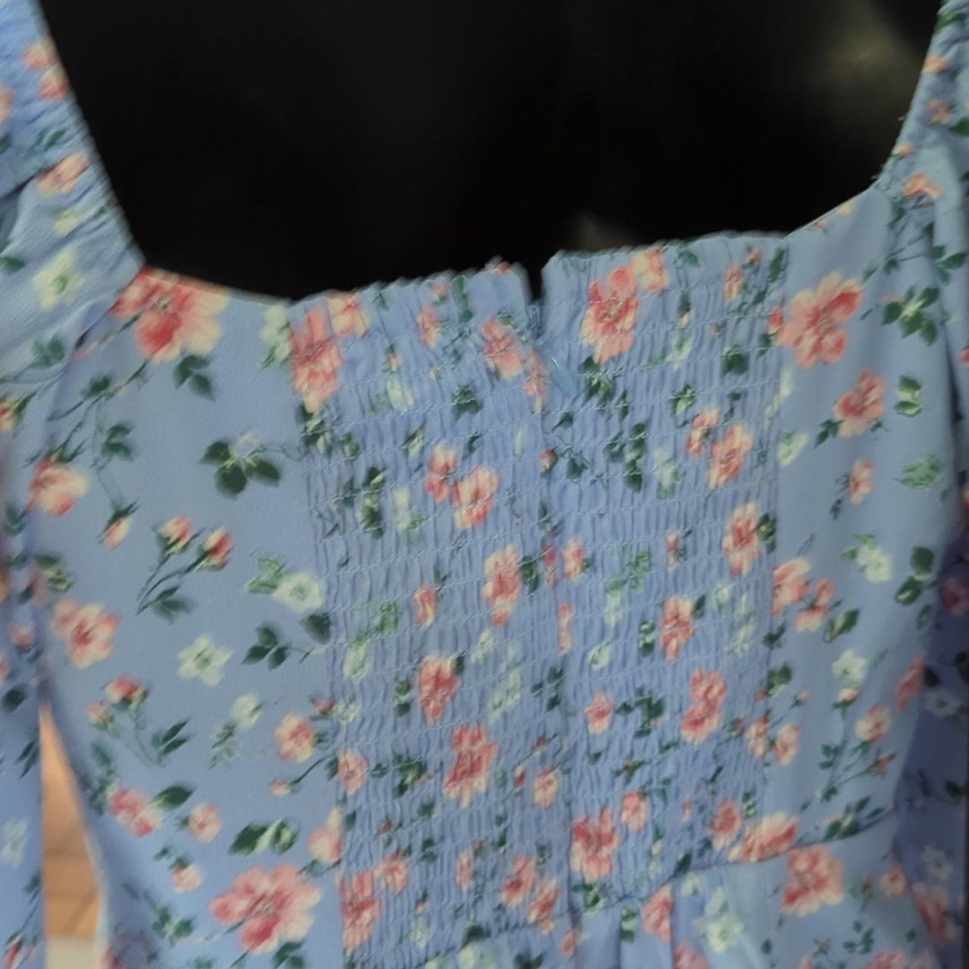 Abercrombie Floral blue mini long sleeve tie front dress