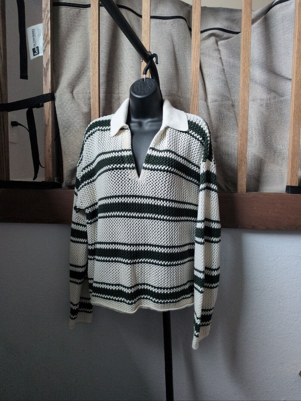 Madewell Open-Stitch Johnny Collar Sweater in Summit Green Stripe - L