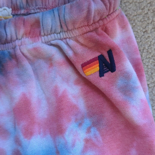 Aviator Nation light weight tie dye jogger sweatpants red and blue