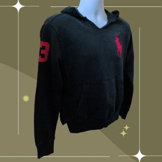 Men's**Distressed** Polo Ralph Lauren Vintage Big Pony Black Hoodie  - Small