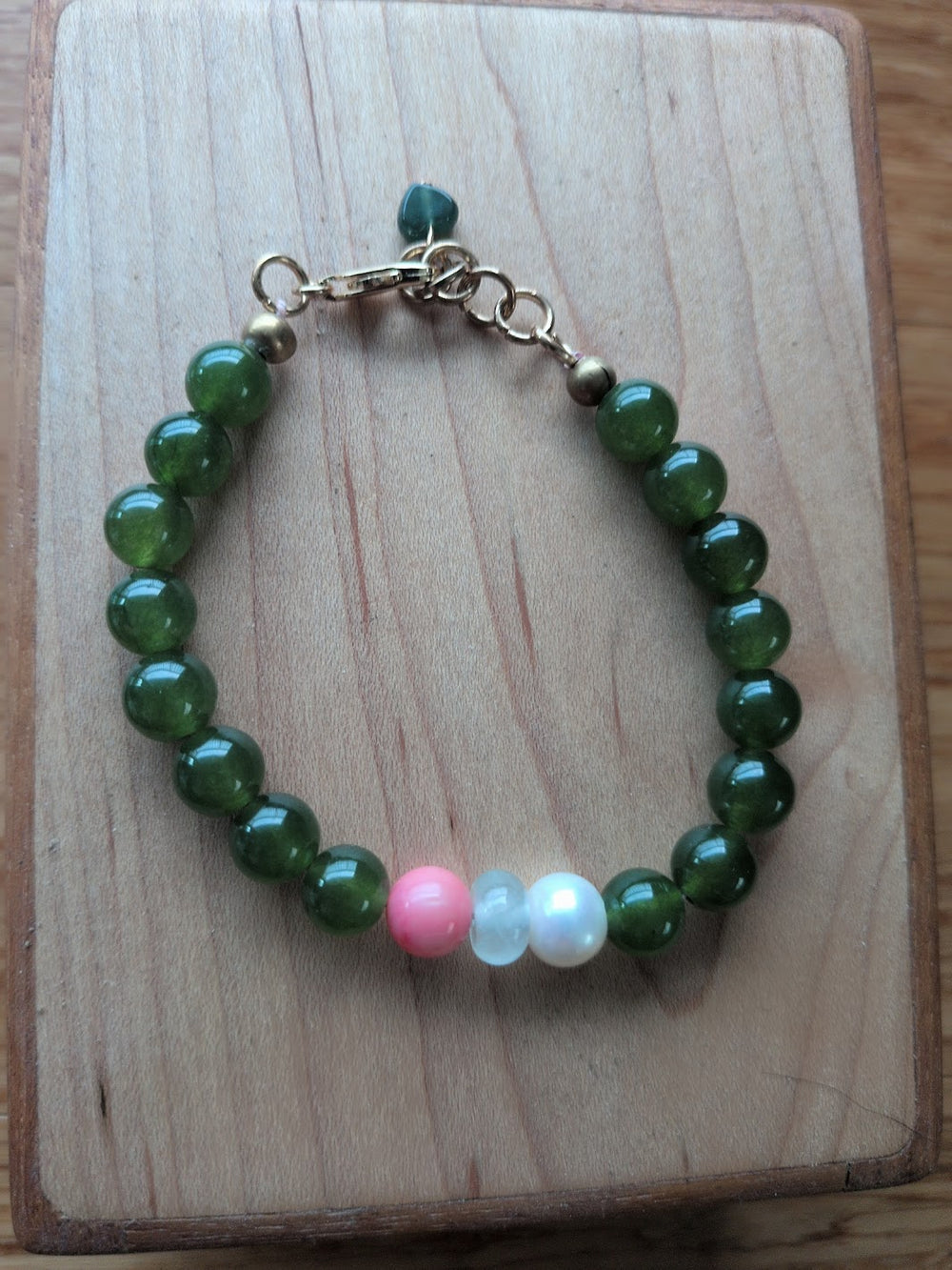 Genuine Canadian jade beads with coral and pearl statement bracelet by Sunny Z Jewelry
