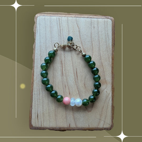 Genuine Canadian jade beads with coral and pearl statement bracelet by Sunny Z Jewelry