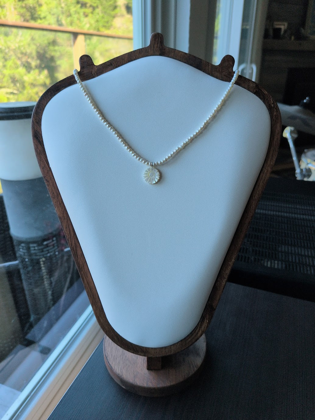 Genuine freshwater pearl strand with hand carved mother-of-pearl flower charm by Sunny Z Jewelry