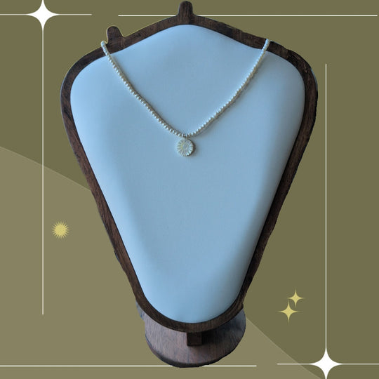 Genuine freshwater pearl strand with hand carved mother-of-pearl flower charm by Sunny Z Jewelry