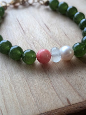 Genuine Canadian jade beads with coral and pearl statement bracelet by Sunny Z Jewelry