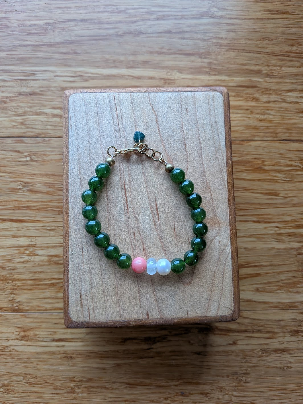 Genuine Canadian jade beads with coral and pearl statement bracelet by Sunny Z Jewelry