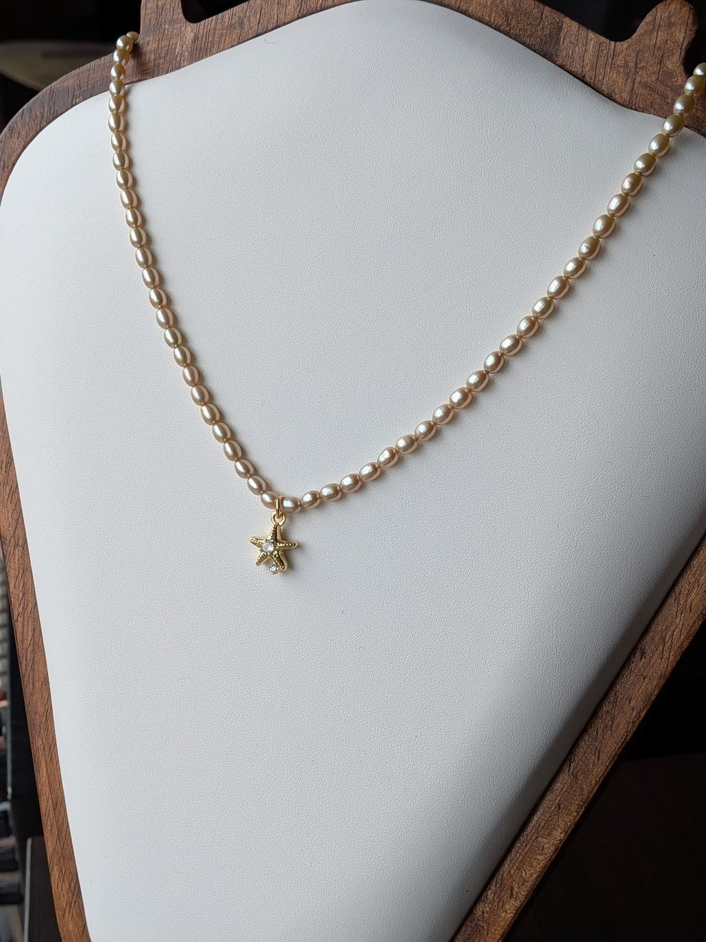 Genuine freshwater pearl strand with 14k gold filled CZ starfish charm by Sunny Z Jewelry
