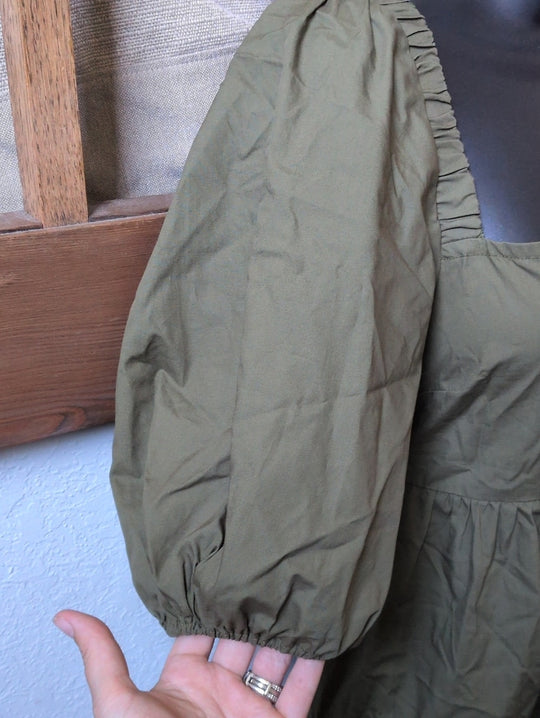 MiNKPINK Issy Tie Back Babydoll Smock Dress in khaki/olive green - small