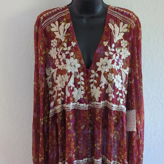 Free People Call on Me Embroidered maxi top / dress in merlot combo  - Large