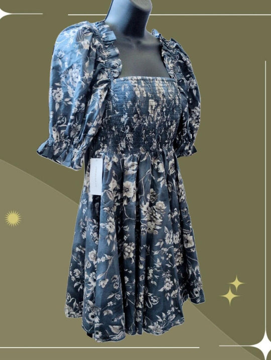 Selkie Blue Floral Cotton Puff Sleeve Mini Dress - L