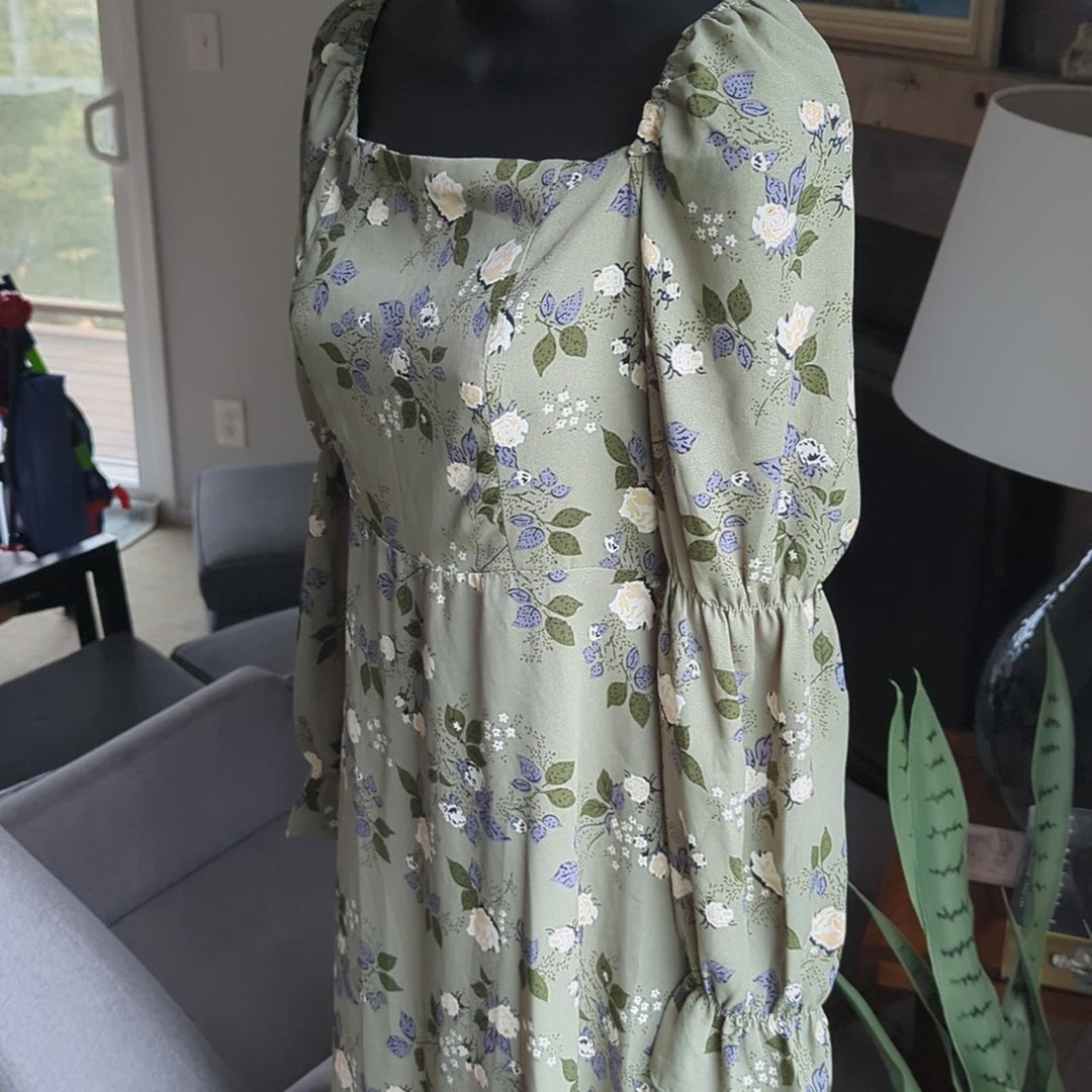 Rihoas green square neck long sleeve puff sleeve dress - Small