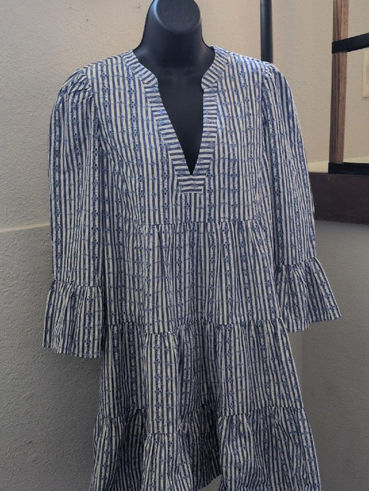 Pomander Place Blue Stripe Floral Embroidered Lanie Dress - Medium
