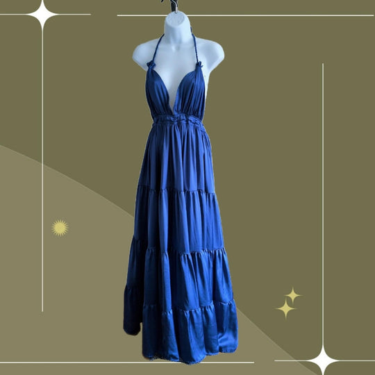 Erika Pena Lily Halter Maxi Dress In Blue -Small