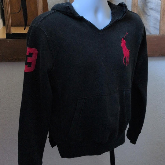 Men's**Distressed** Polo Ralph Lauren Vintage Big Pony Black Hoodie  - Small