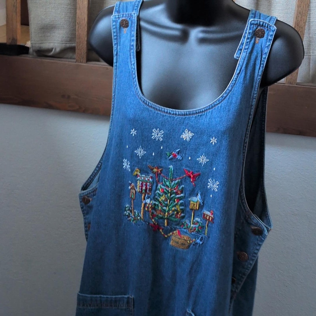 Vintage Casey Coleman Christmas Winter Bird Scene Denim Dress - 1x