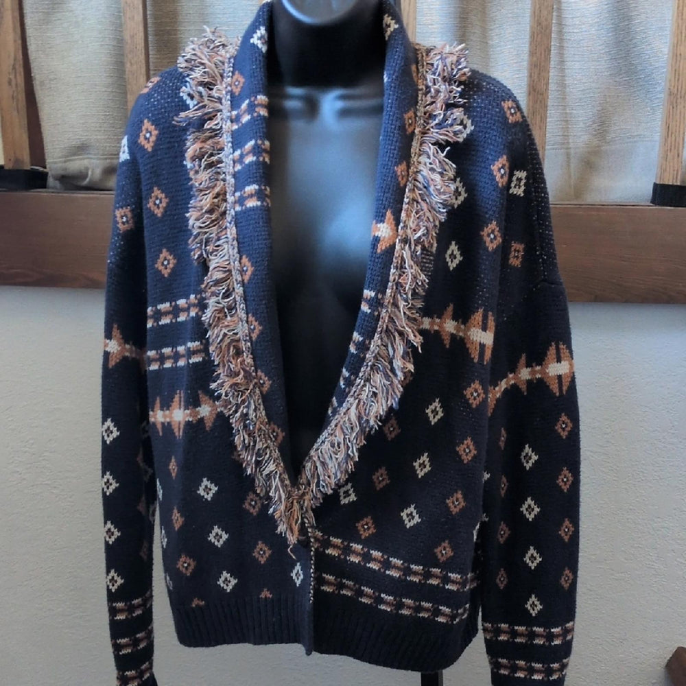 Pendleton Fringe Shawl Geometric Navy Cardigan - Large
