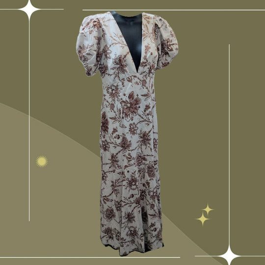 Abercrombie And Fitch Brown Floral Slim Poplin Puff Sleeve Dress - Small