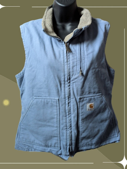 Light blue vintage Carhartt women's sandstone/duck canvas sherpa-lined Vest  - Small