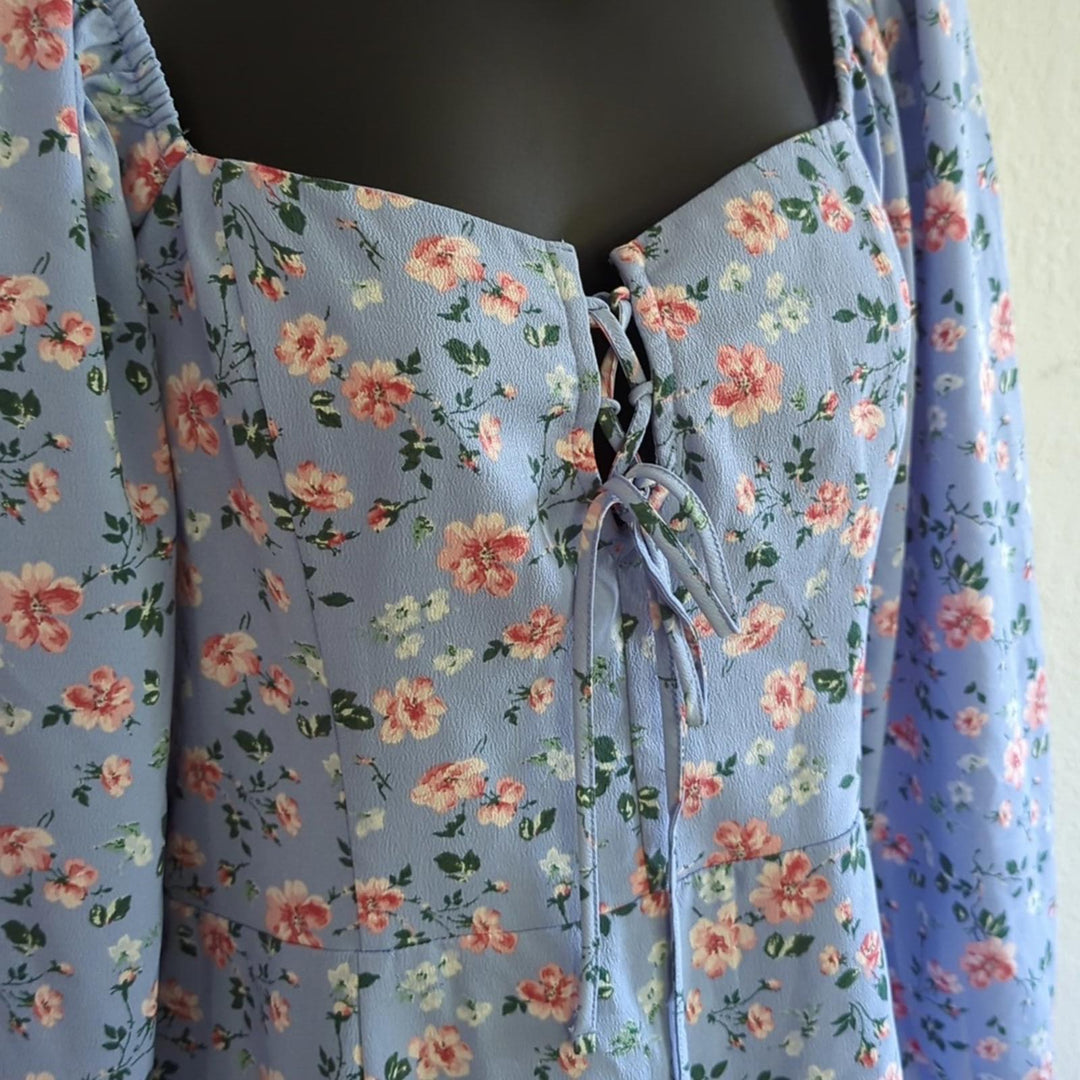 Abercrombie Floral blue mini long sleeve tie front dress