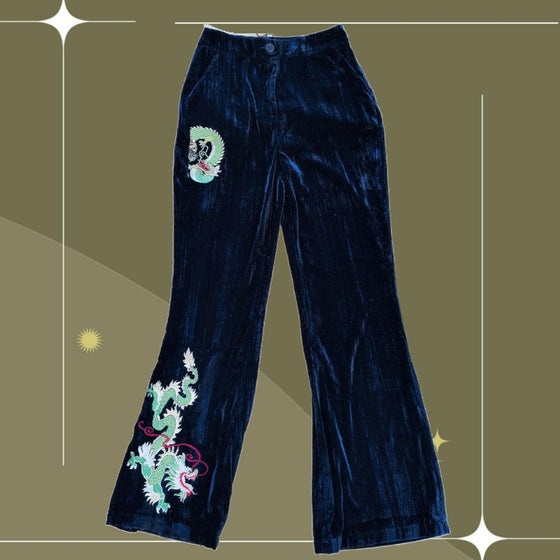 Nasty Gal Dragon Premium Embroidered Velvet Flare Trousers - US 6
