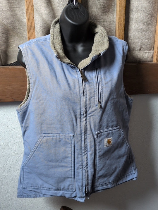 Light blue vintage Carhartt women's sandstone/duck canvas sherpa-lined Vest  - Small