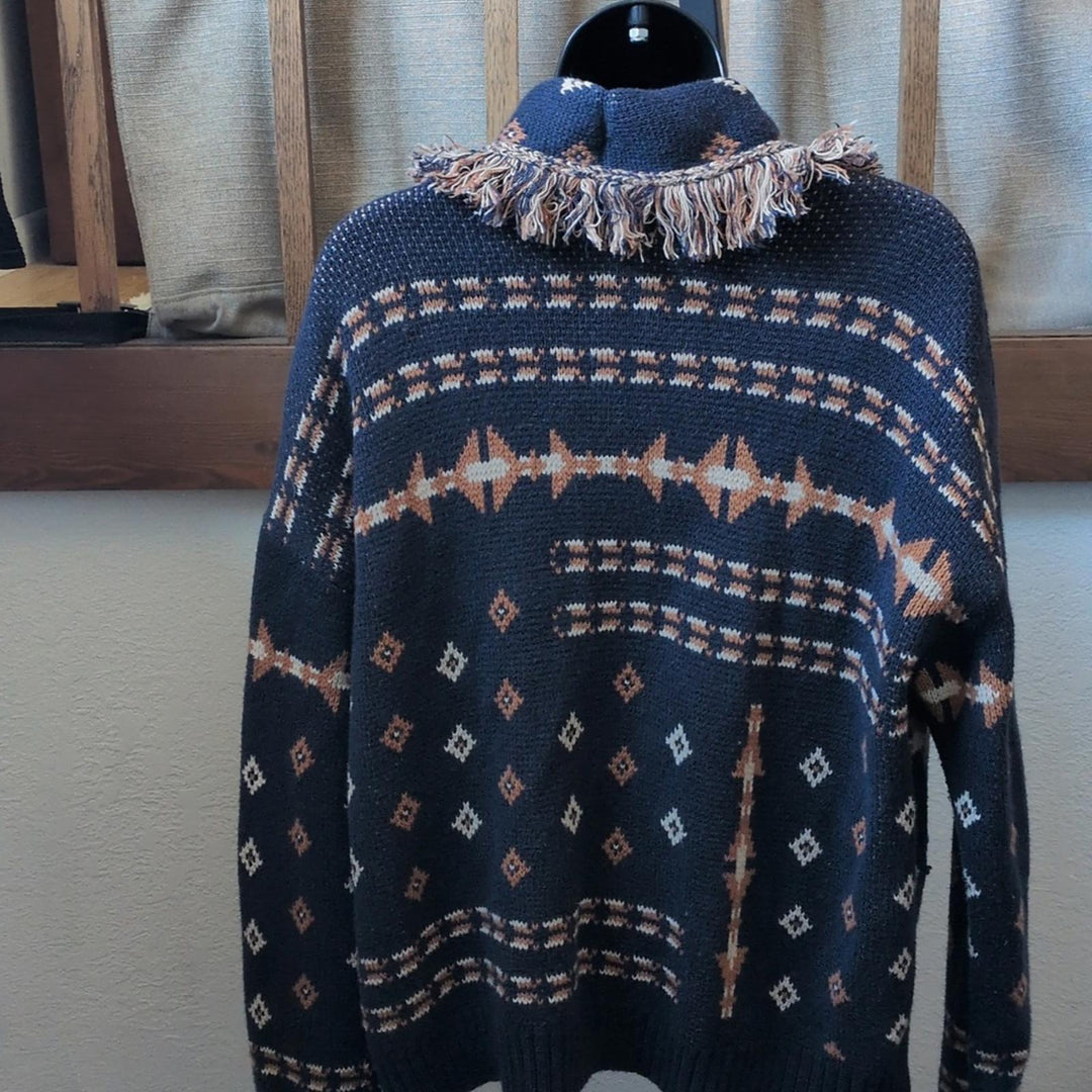 Pendleton Fringe Shawl Geometric Navy Cardigan - Large