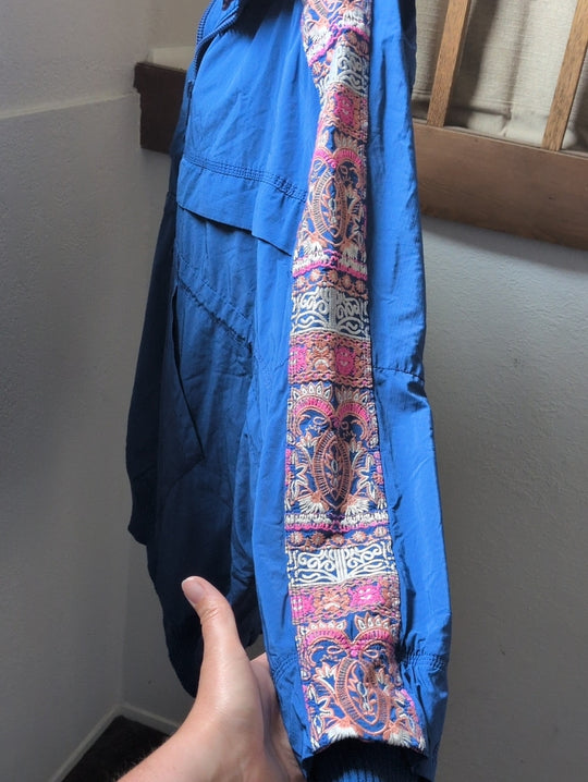 Free People Movement She Fly Blue Embroidered Oversized Windbreaker - Small