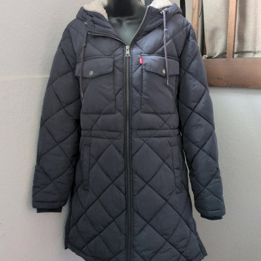 Levi's Diamond Sherpa Long Quilted Parka With Hood - Large