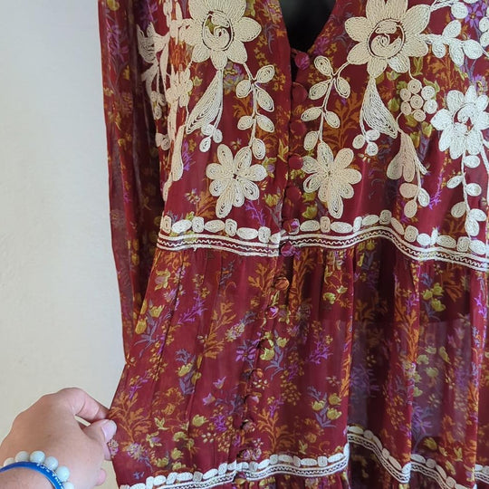 Free People Call on Me Embroidered maxi top / dress in merlot combo  - Large
