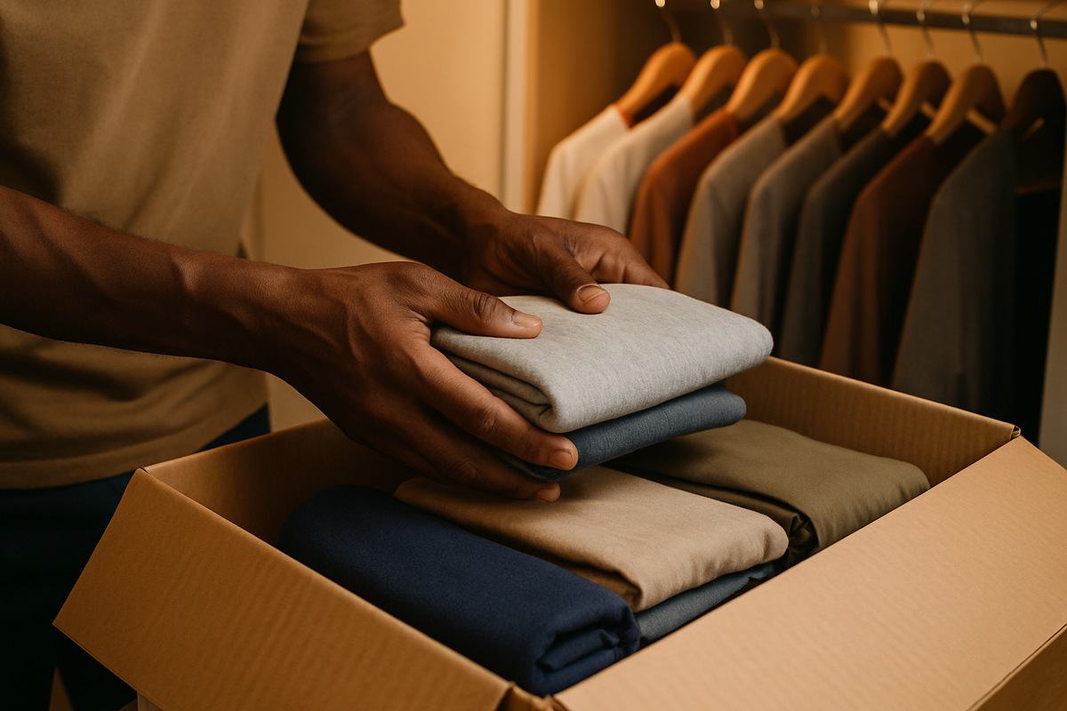 black man is placing clothing items from a closet into a box. make sure the focus is on the hands and we cannot see his face