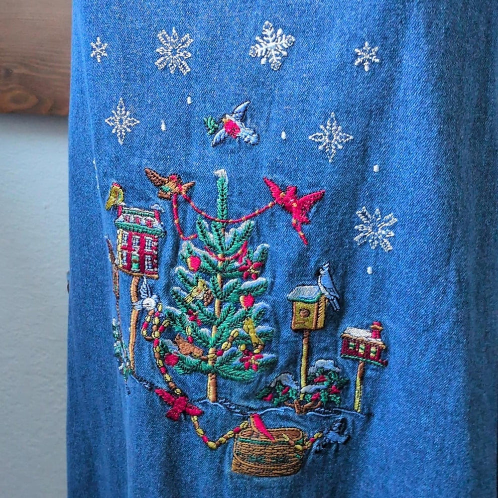 Vintage Casey Coleman Christmas Winter Bird Scene Denim Dress - 1x