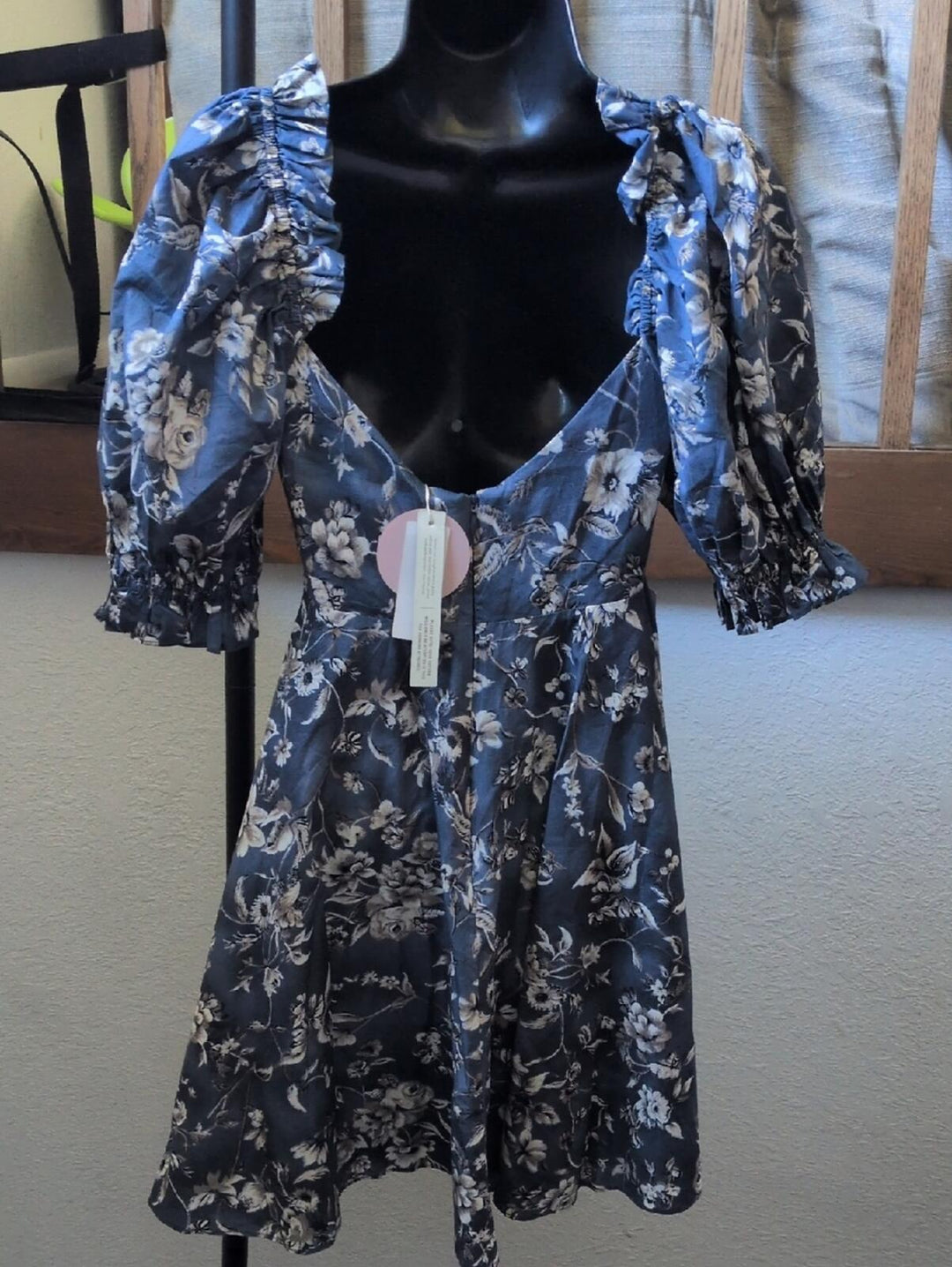 Selkie Blue Floral Cotton Puff Sleeve Mini Dress - L