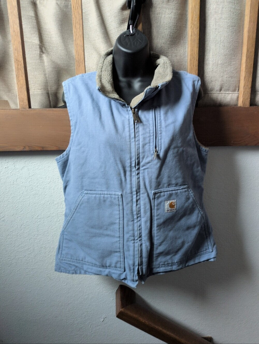 Light blue vintage Carhartt women's sandstone/duck canvas sherpa-lined Vest  - Small